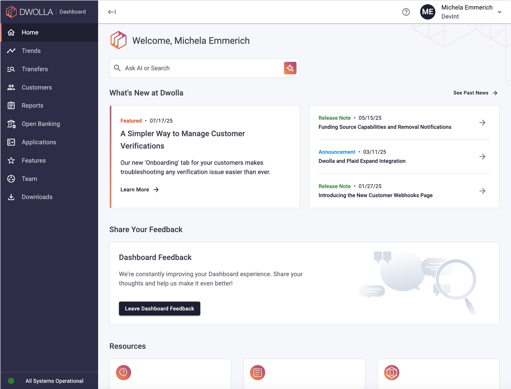 A screenshot of the Dwolla Dashboard Homepage, including the new Kapa AI search box feature.