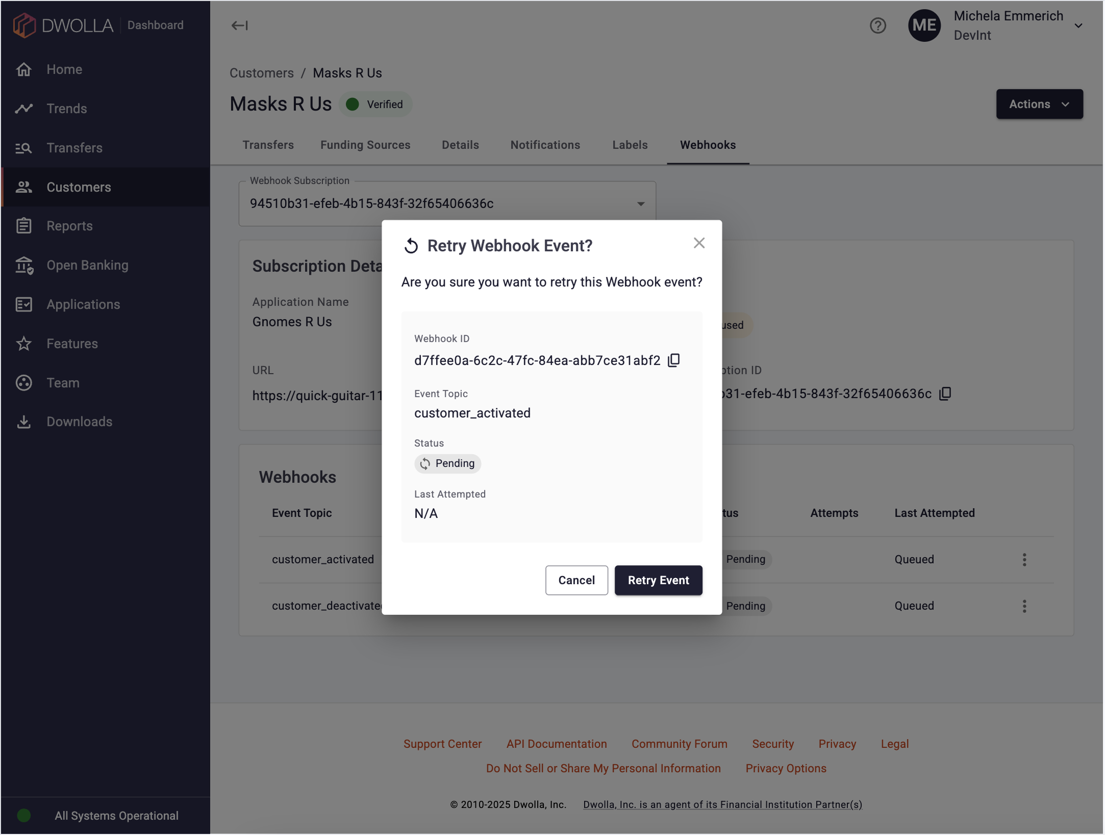 A screenshot of the Dwolla Dashboard, showing the Webhooks Retry modal window.