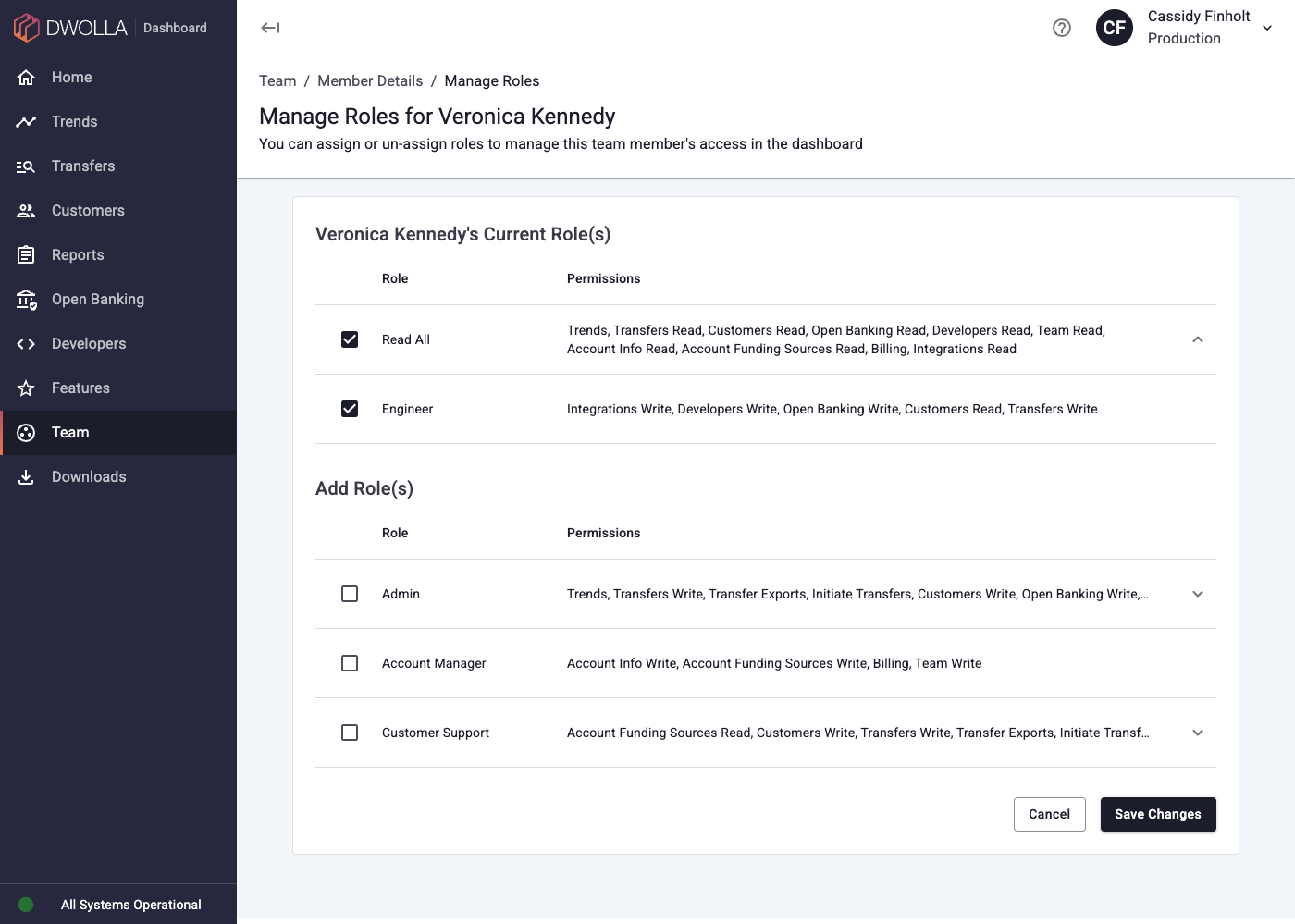 Screenshot of the Role Assignment Page showing the pre-built Read All role and a custom Engineer role being assigned to a user