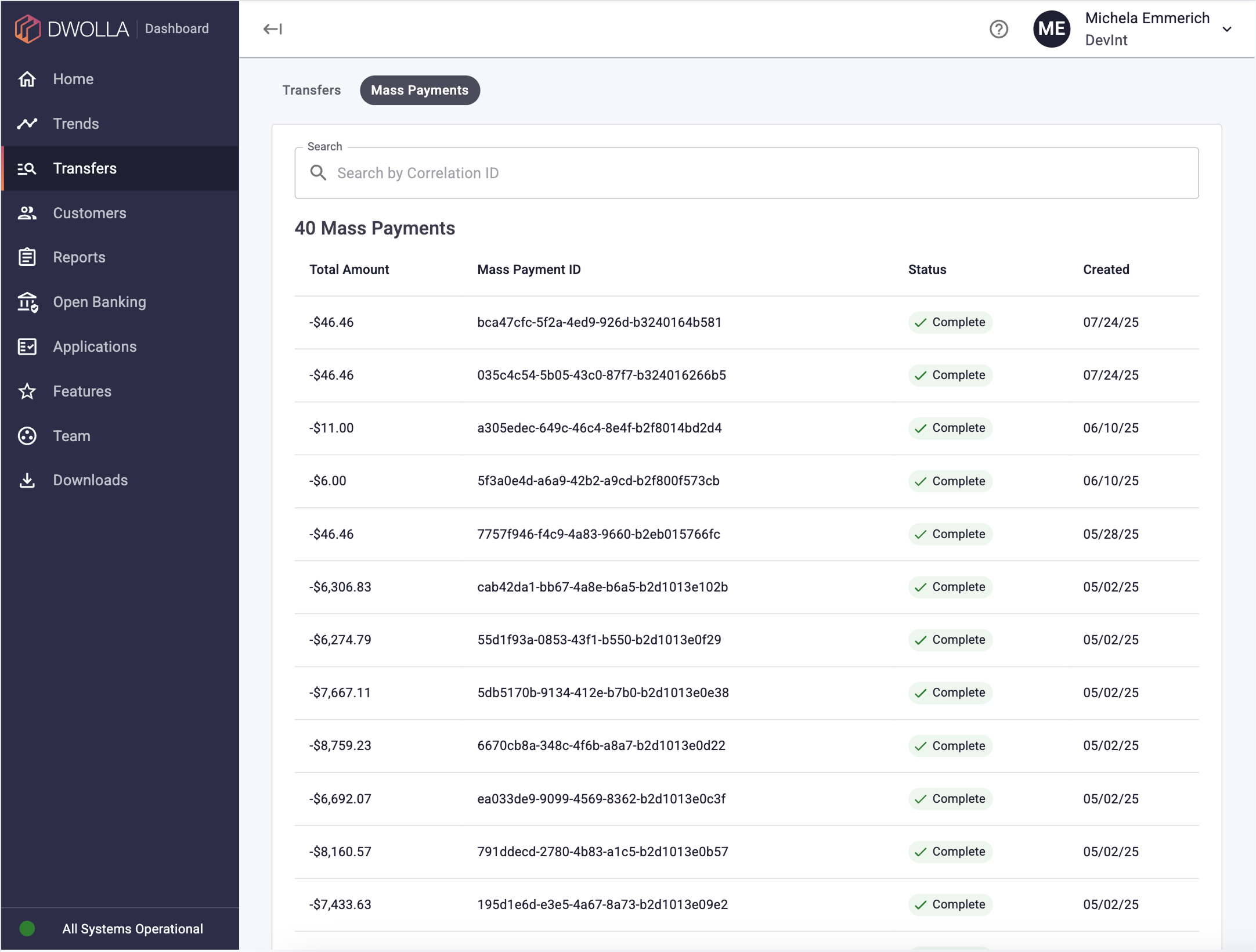 A screenshot of the Dwolla Dashboard viewing the Account Mass Payments list page.