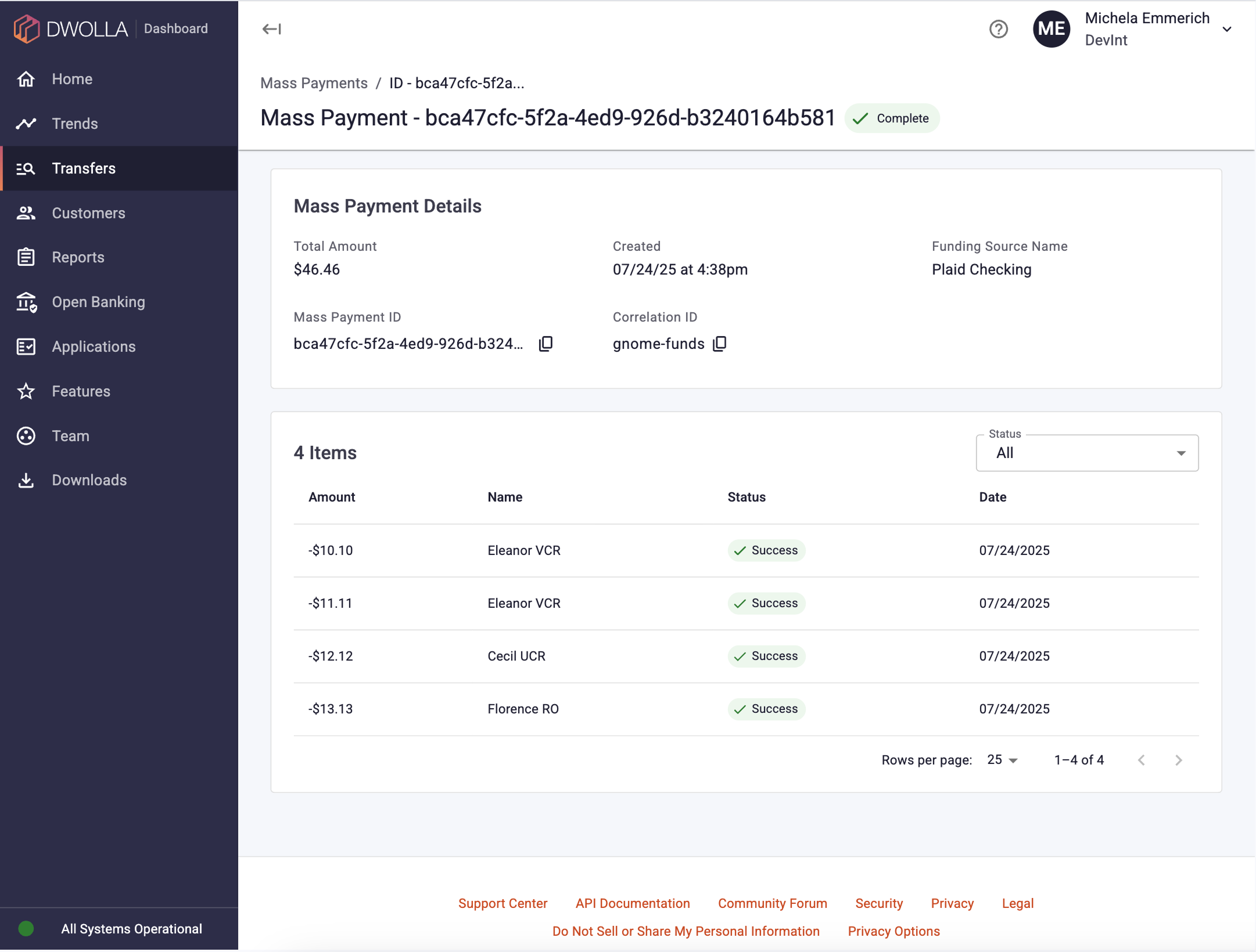 A screenshot of the Dwolla Dashboard of an individual Mass Payment on the Mass Payment items list page.