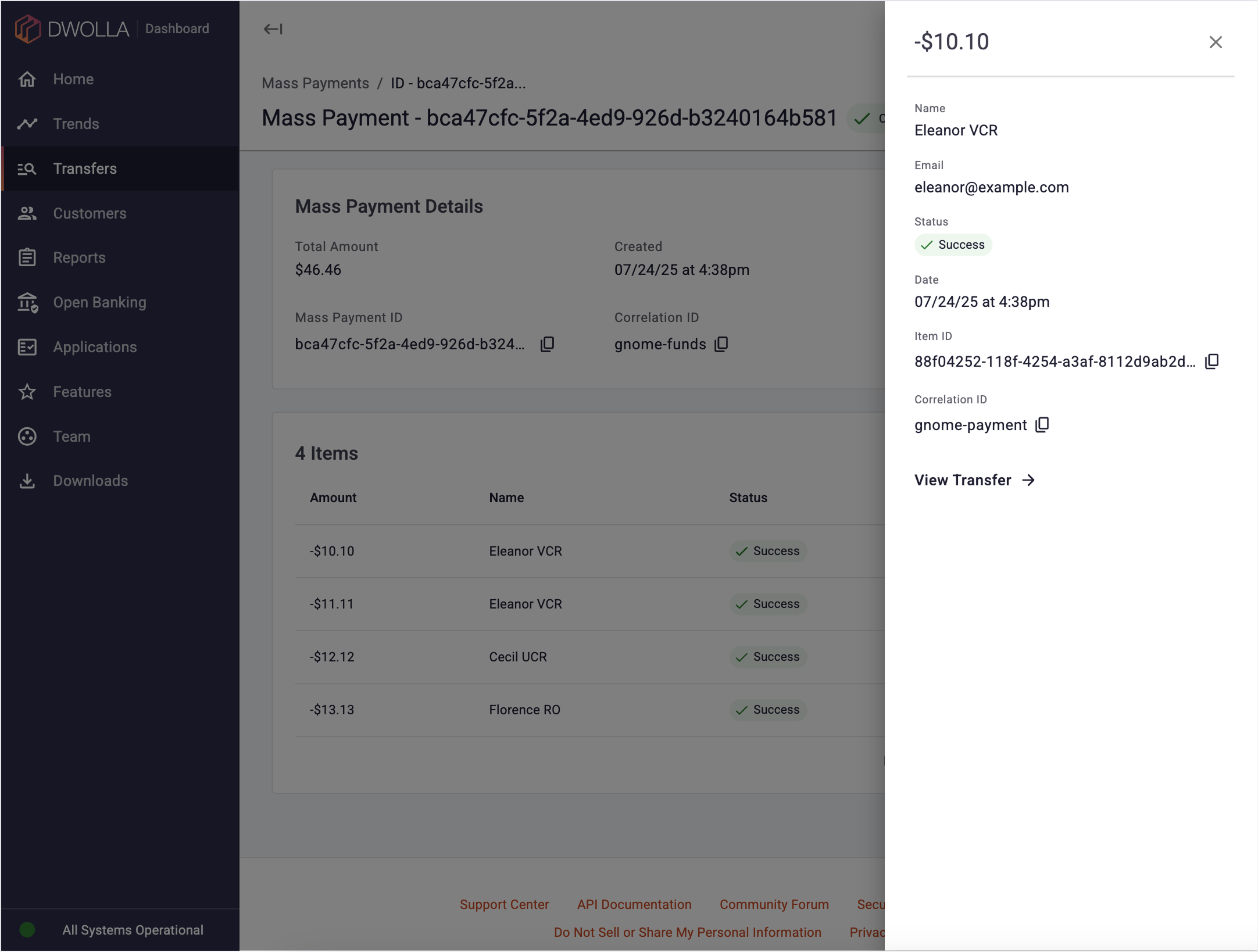 A screenshot of the Dwolla Dashboard, on a Mass Payment. The Mass Payment item flyout is open, showing item details.