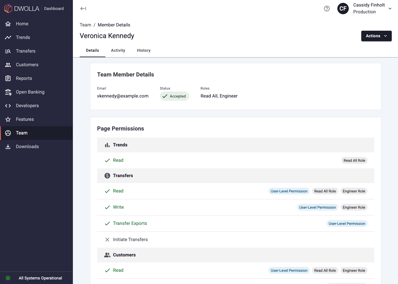 Screenshot of the Team Member Details Page showing their permissions attributed to a mix of roles and personal grants