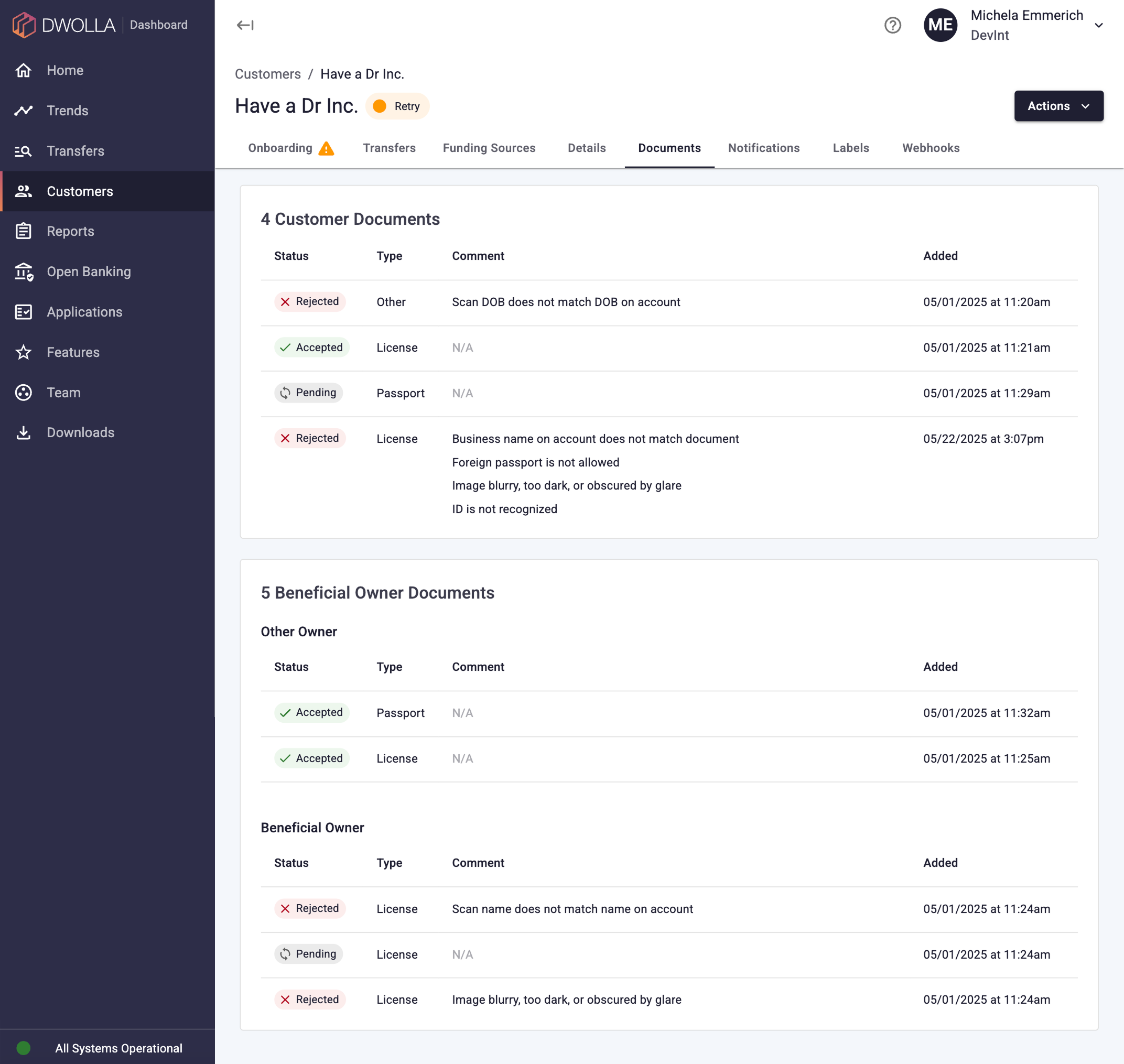 A screenshot of the Dwolla Dashboard, viewing the Documents tab for a specific Customer.
