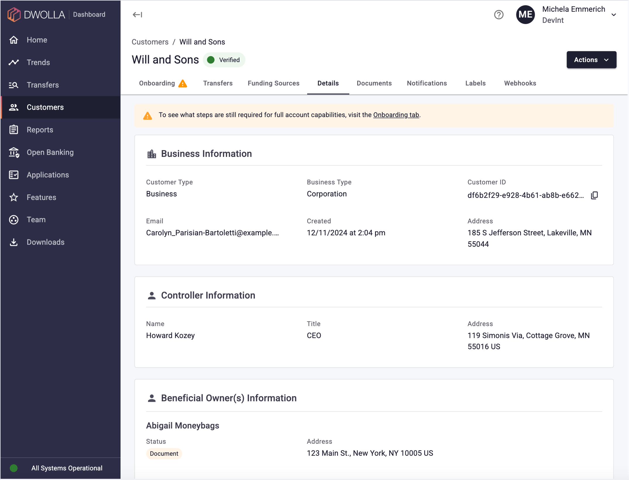 A screenshot of the Dwolla Dashboard, on the Details tab for a specific Customer.