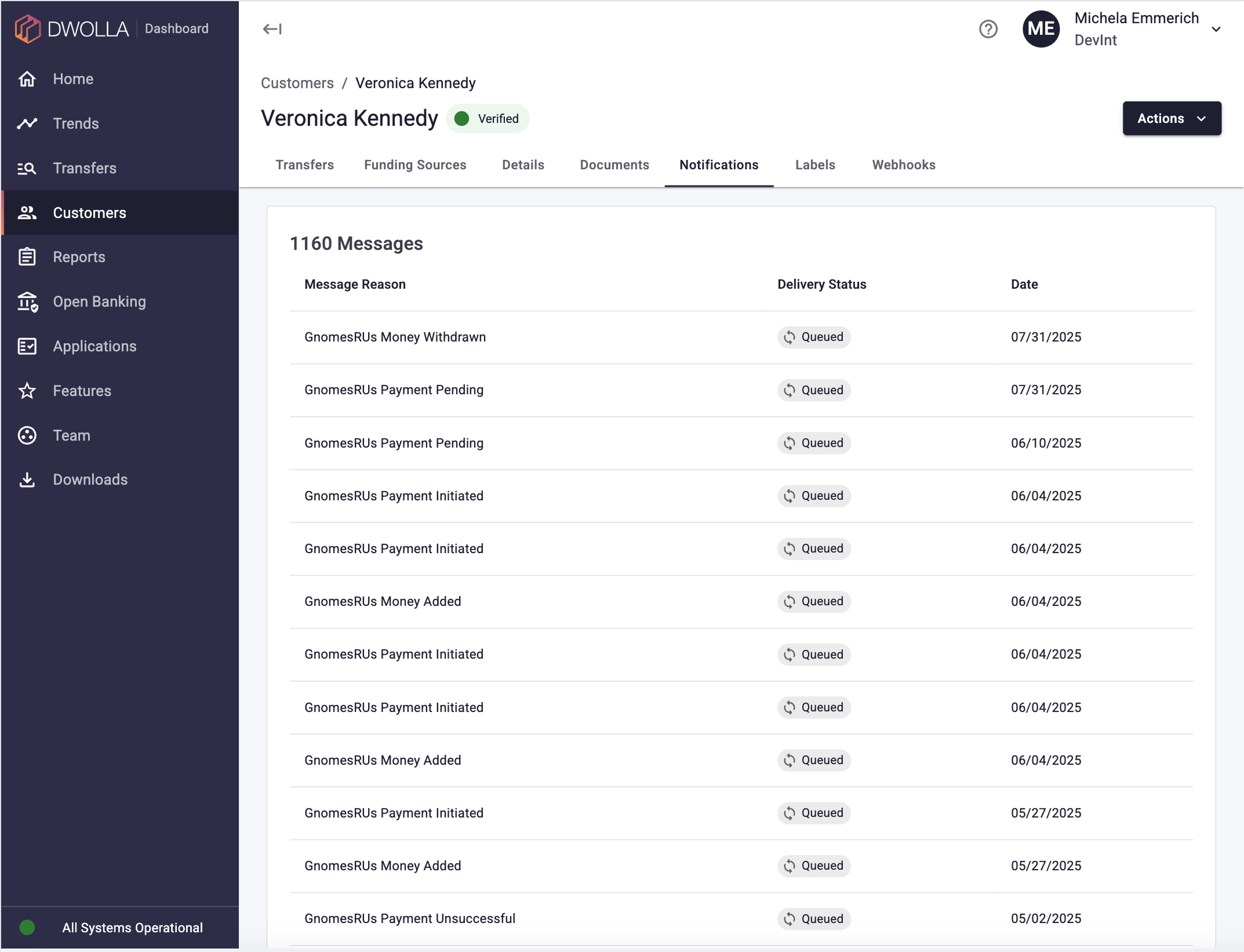 A screenshot of the Dwolla Dashboard, showing the Notifications tab for a specific Customer.