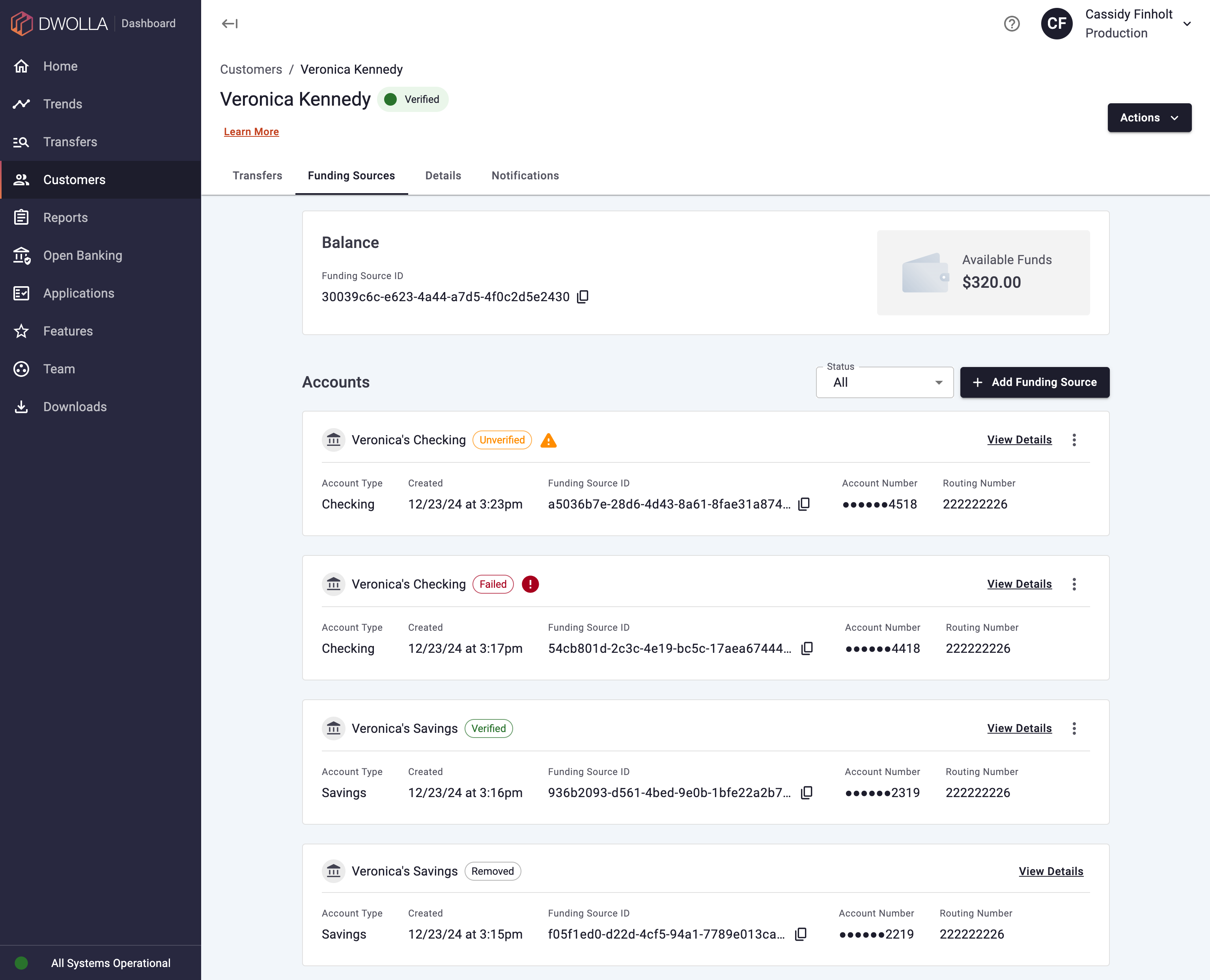 Screenshot of the new Customer Funding Sources page on the Dwolla Dashboard