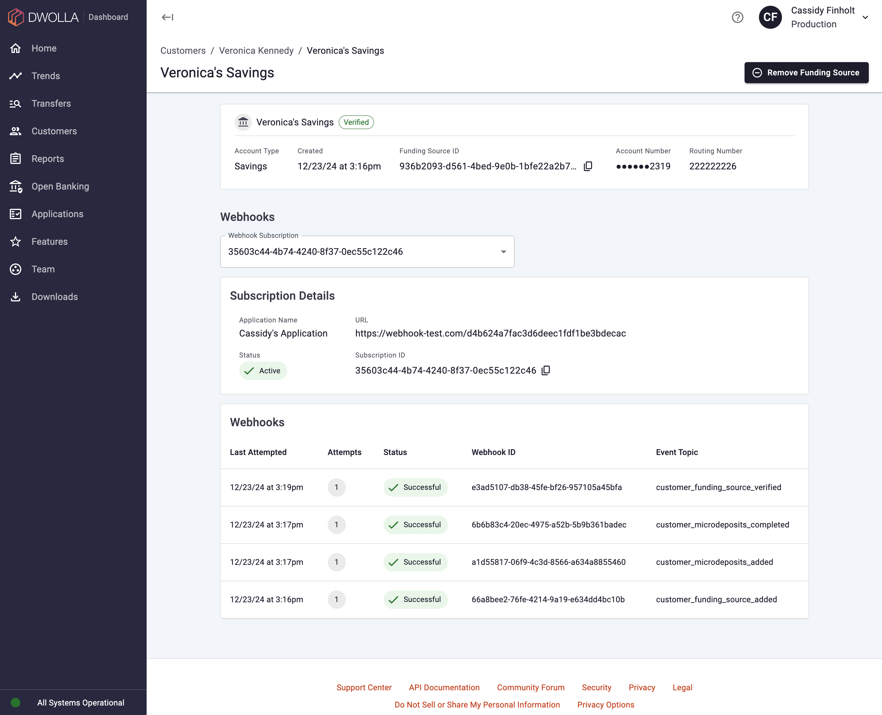 Screenshot of the new Funding Source Details page on the Dwolla Dashboard
