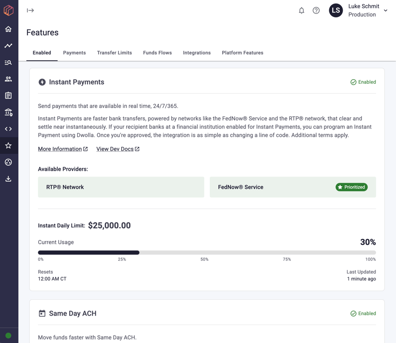 Screenshot of the Dwolla Dashboard showing the dynamic features page, including a current usage gauge
