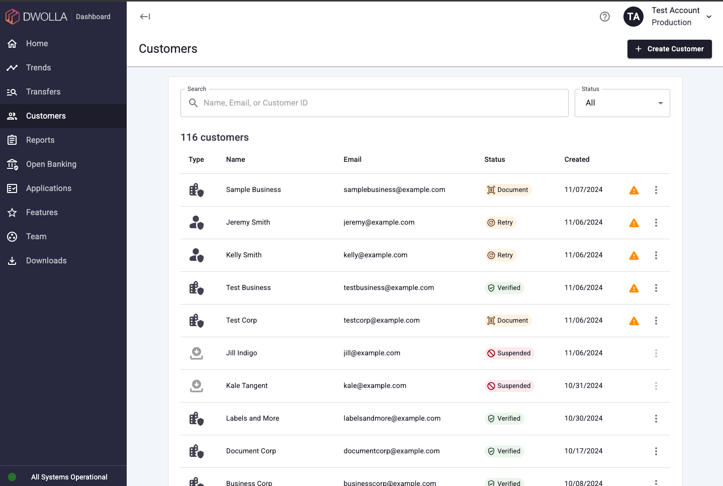 Screenshot of the new Customer List page design on the Dwolla Dashboard