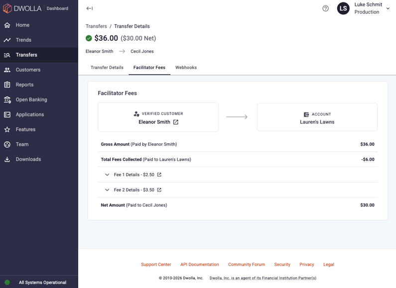 screenshot of the new facilitator fees tab in the Dwolla Dashboard