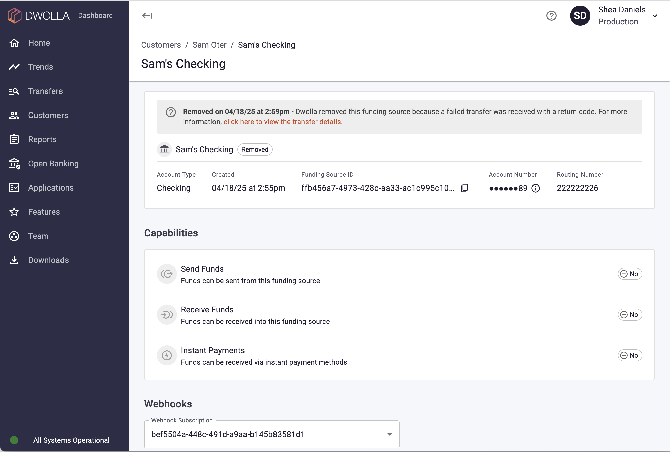 A screenshot of a funding source with a removal reason in the Dwolla Dashboard