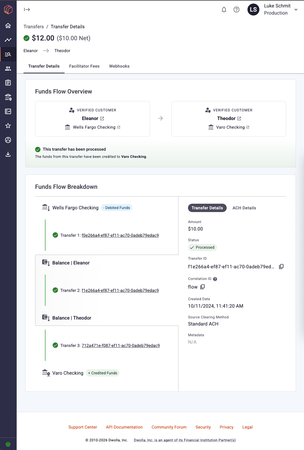 screenshot of the redesigned transfer details tab in the Dwolla Dashboard