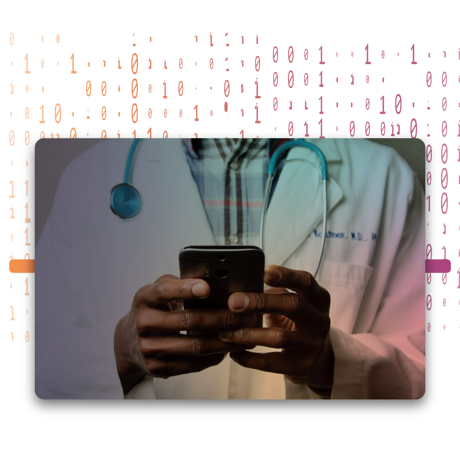 A doctor with a mobile phone and code in the background.